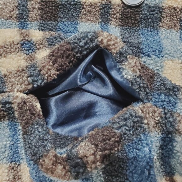 Big Chill Teal Blue Plaid Fleece/Satin Sweater Jacket - Picture 8 of 14